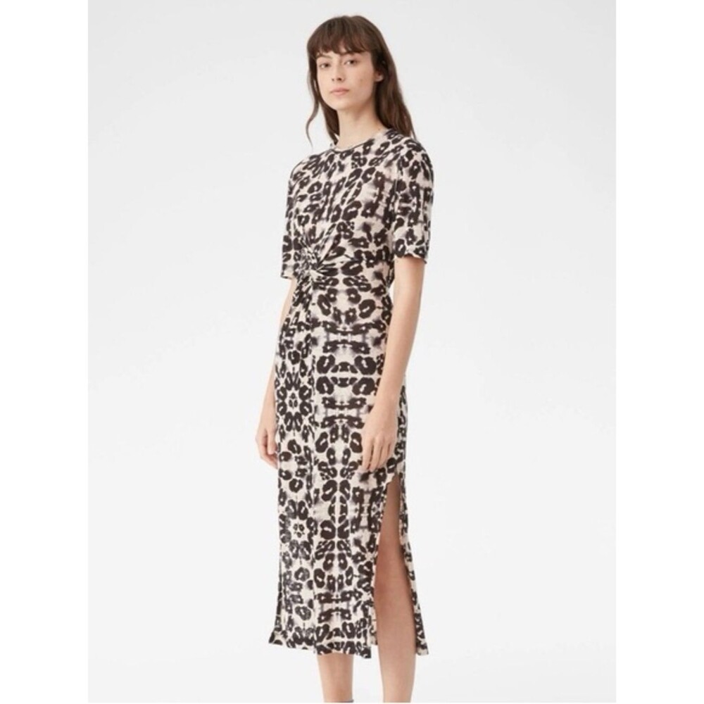 Rebecca Taylor Kaleidoscope Leopard Print Twist Front Midi Linen Dress Size S